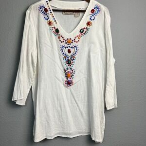 Life Style Boho Ethnic Rhinestone Hippie Gypsy Tunic Colorful Jewel Cotton‎ XL